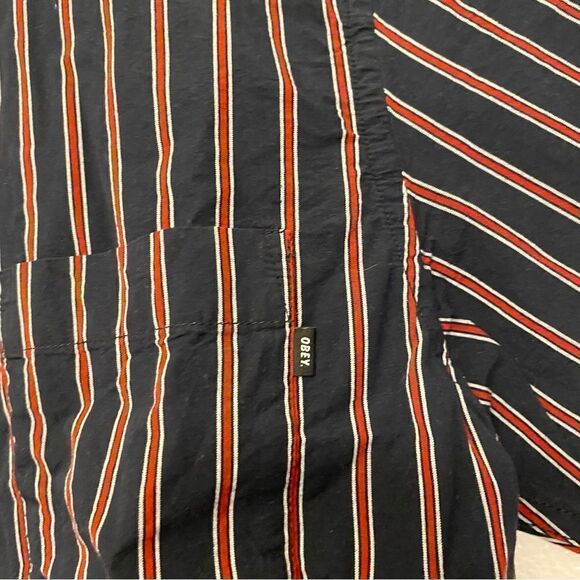 Obey 100% cotton Button Down stripe blue red casual Short Sleeve Shirt -S - Picture 5 of 7